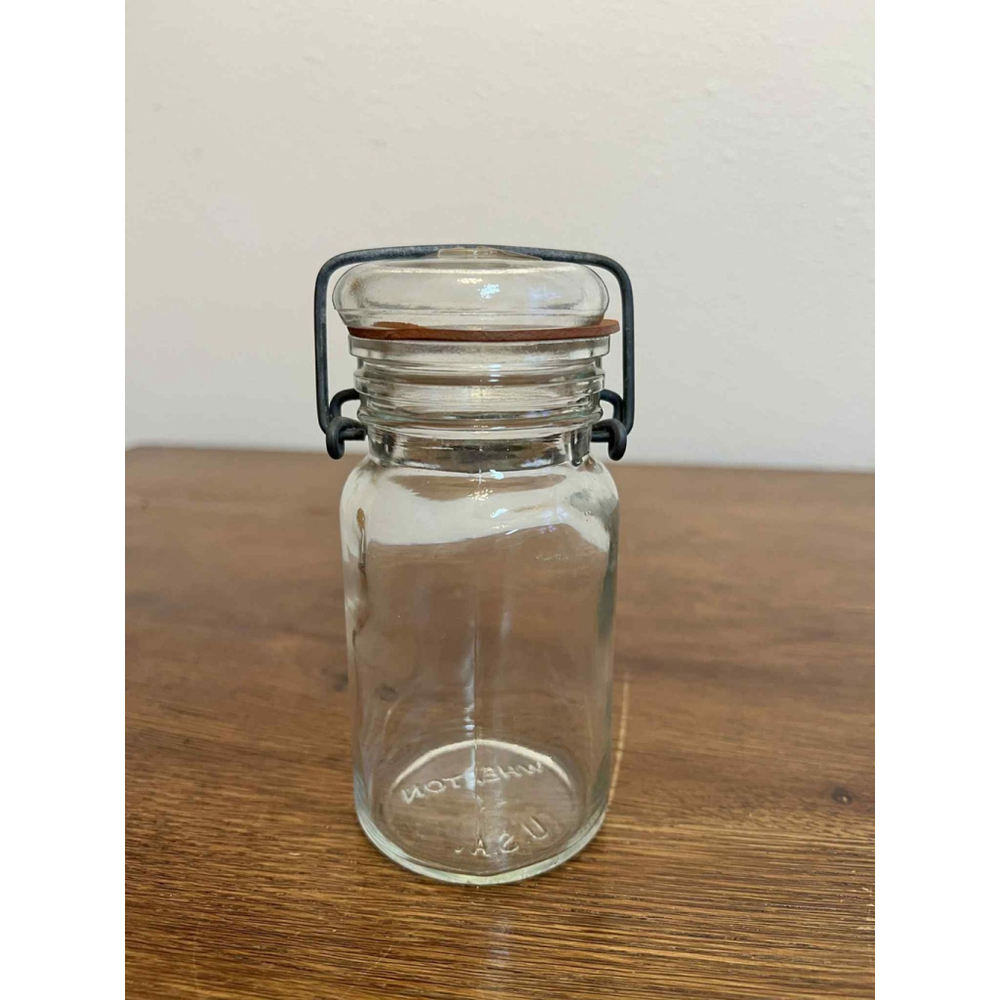 Vintage Wheaton Glass Jar USA 5” Wire Bale Storage Apothecary Jar Glass Lid